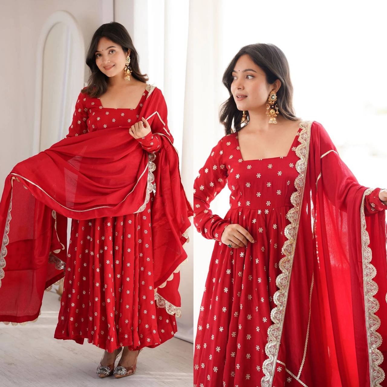 Radiant Crimson Red Flared Anarkali Suit Set Adorned with Delicate Silver Starburst Motifs and an Ornate Scalloped Dupatta